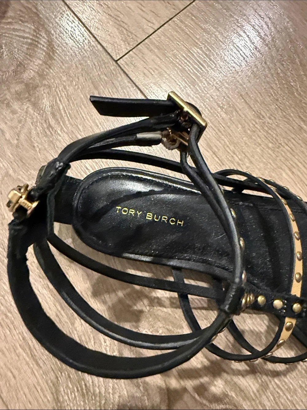 Tory Burch Studded Black and Gold Gladiator Sandals - Women 7.5